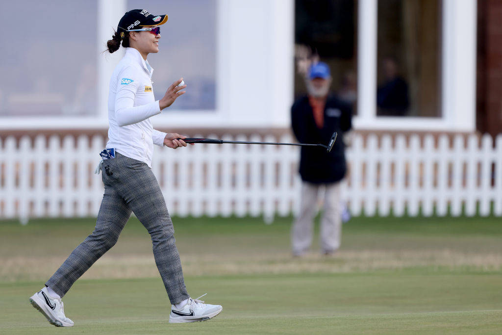 In Gee Chun of Korea Republic celebrates after playing her putt shot on the 18th hole during Day Two of the AIG Women